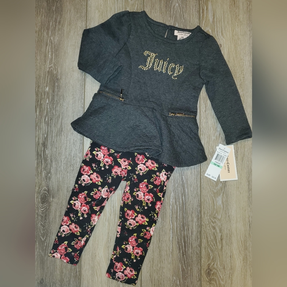Juicy Couture Toddler's 2 pc Gray quilted sweatshirt, floral leggings Sz 18 mo.
